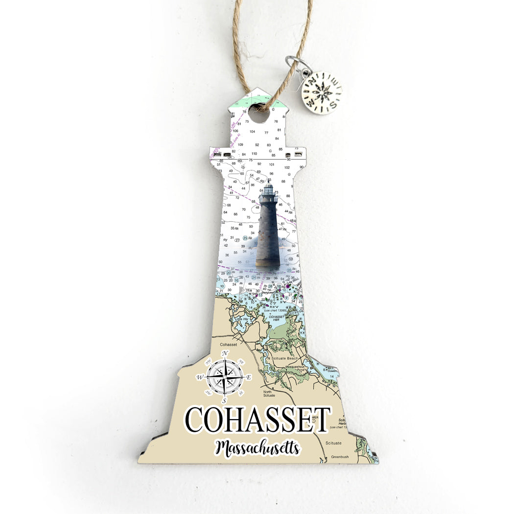 Cohasset, MA Lighthouse Shaped Wood Map Souvenir Ornament