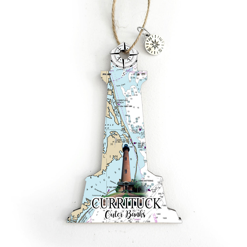 Currituck, NC Lighthouse Shaped Wood Map Souvenir Ornament