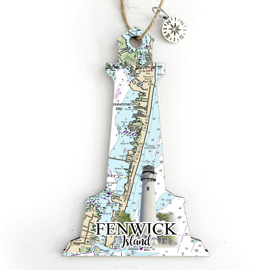 Fenwick Island, MD Lighthouse Shaped Wood Map Souvenir Ornament