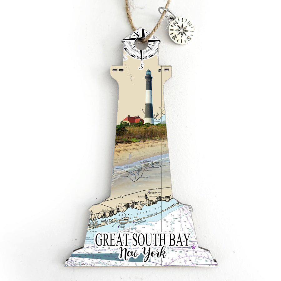 Great South Bay, NY Lighthouse Shaped Wood Map Souvenir Ornament
