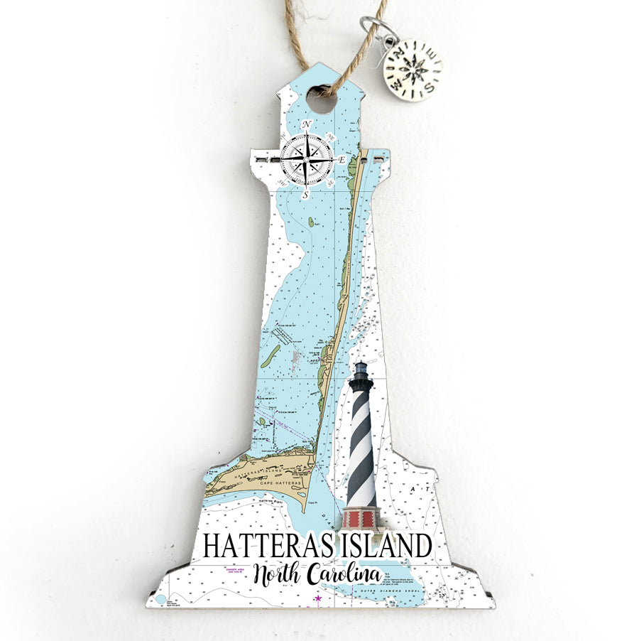 Hatteras Island, NC Lighthouse Shaped Wood Map Souvenir Ornament