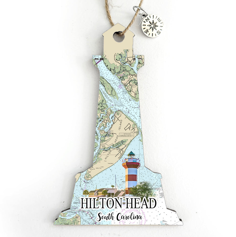 Hilton Head, SC Lighthouse Shaped Wood Map Souvenir Ornament