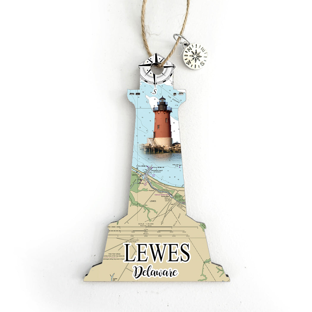 Lewes, DE Lighthouse Shaped Wood Map Souvenir Ornament