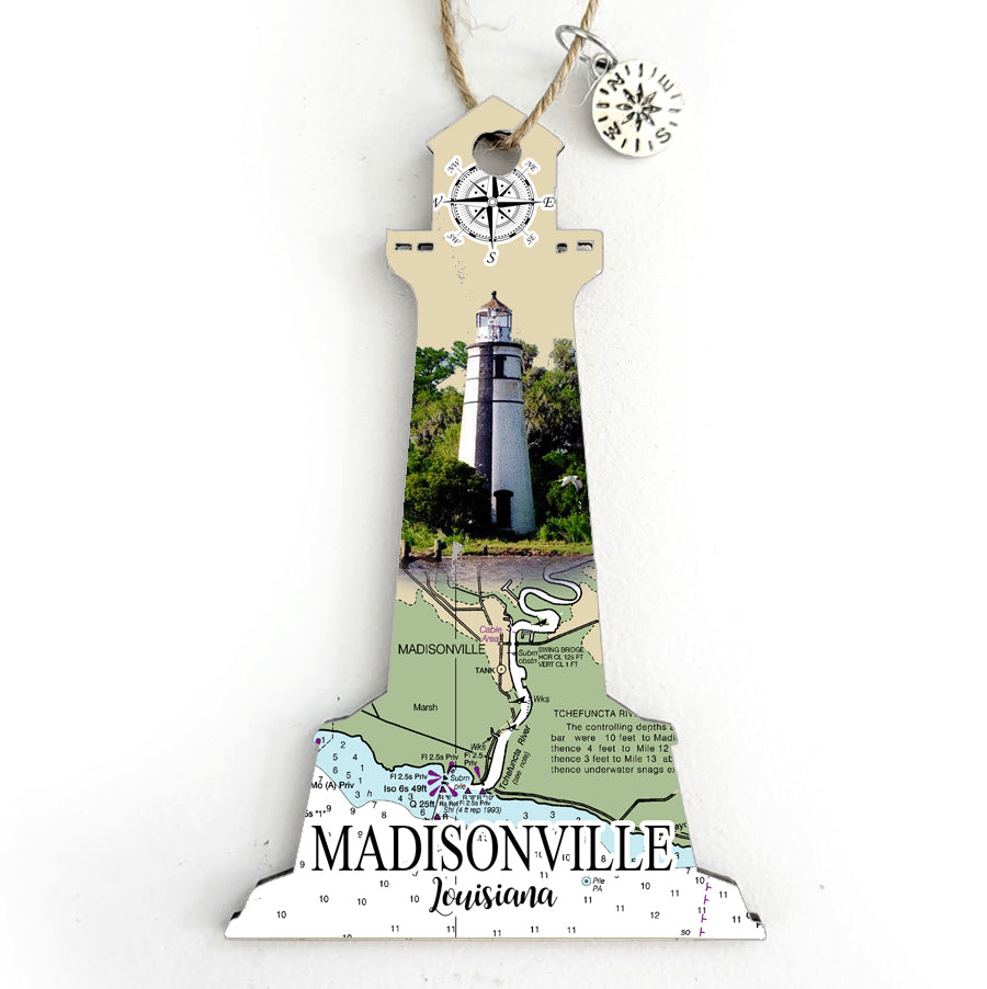Madisonville, LA Lighthouse Shaped Wood Map Souvenir Ornament