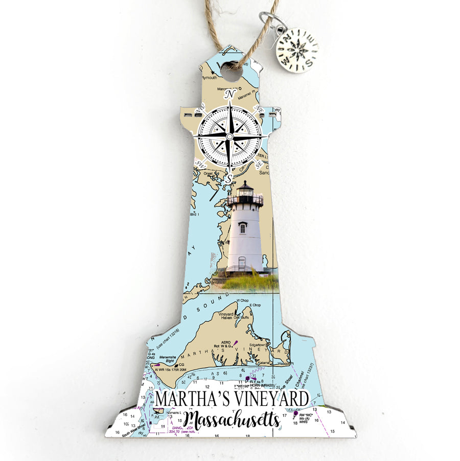 Martha's Vineyard, MA Lighthouse Shaped Wood Map Souvenir Ornament