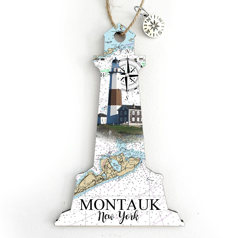 Montauk, NY Lighthouse Shaped Wood Map Souvenir Ornament