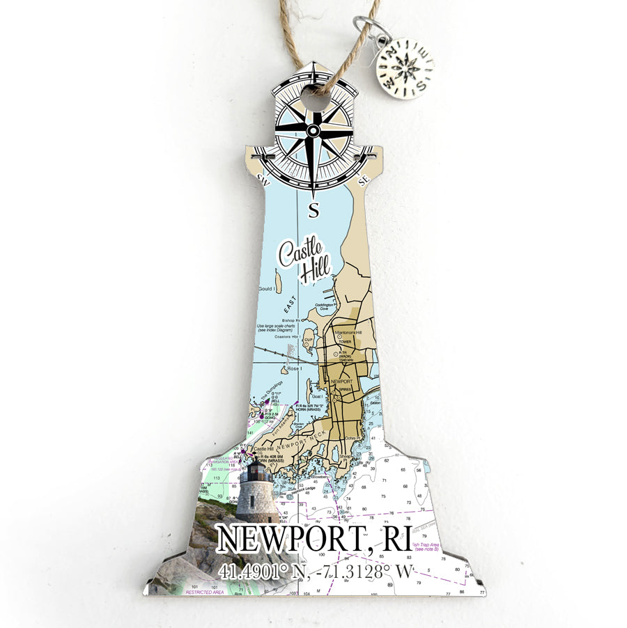 Newport, RI Castle Hill Lighthouse Shaped Wood Map Souvenir Ornament