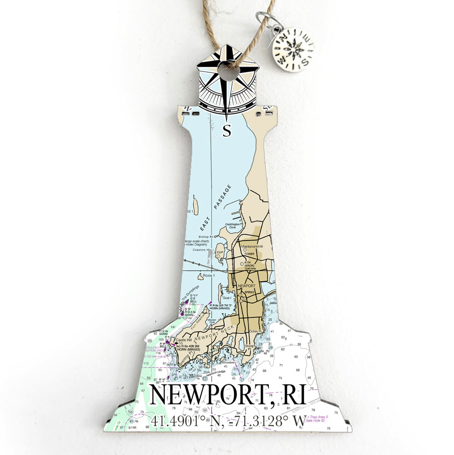 Newport, RI Lighthouse Shaped Wood Map Souvenir Ornament