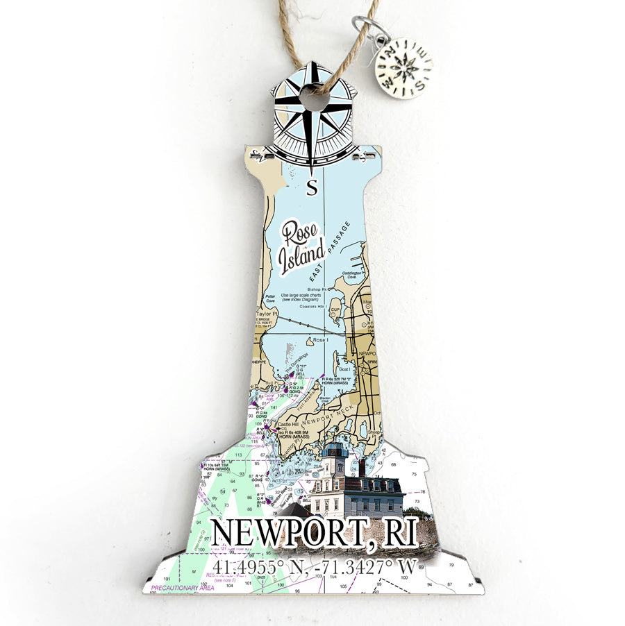 Newport, RI Rose Island Lighthouse Shaped Wood Map Souvenir Ornament