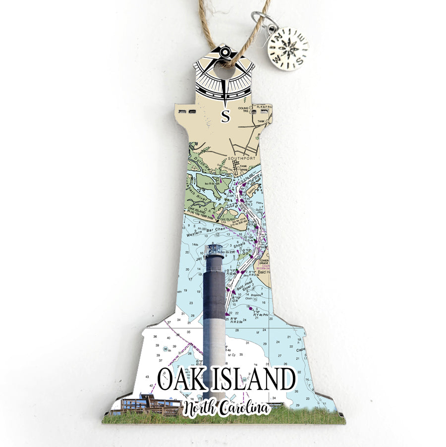 Oak Island, NC Lighthouse Shaped Wood Map Souvenir Ornament