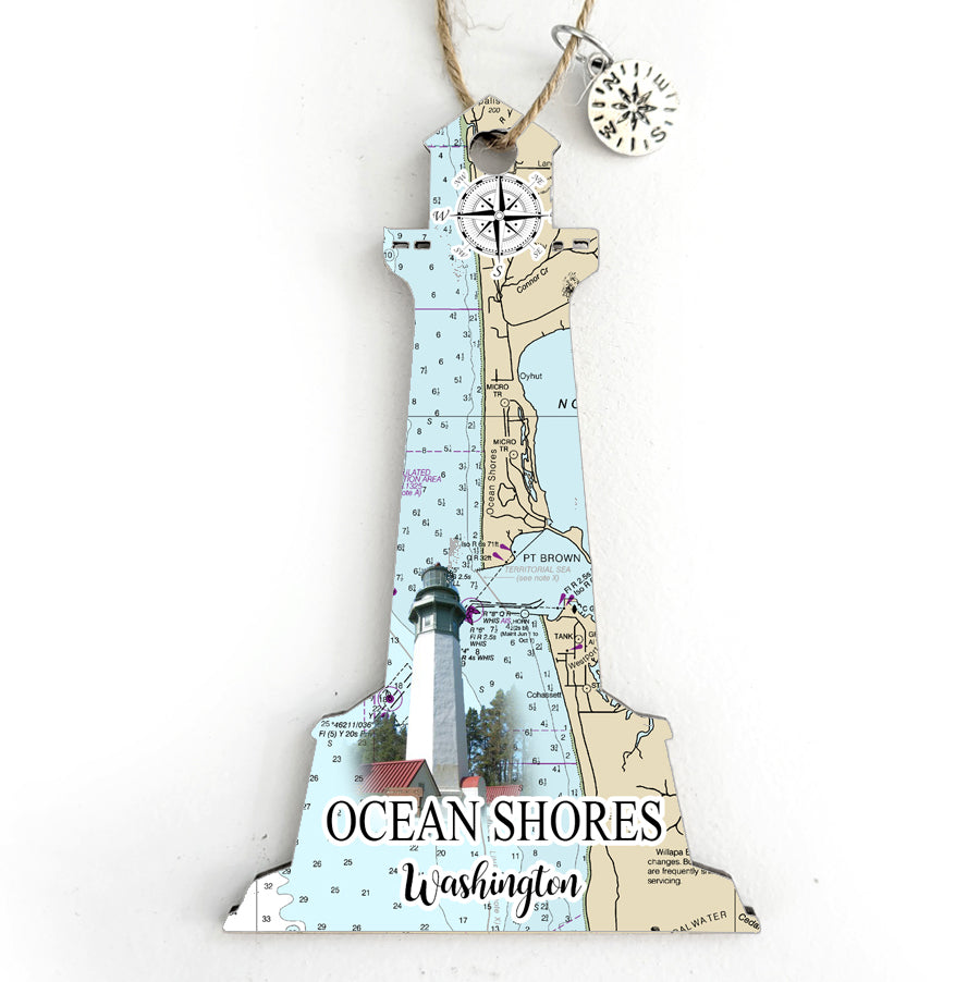 Ocean Shores, WA Lighthouse Shaped Wood Map Souvenir Ornament