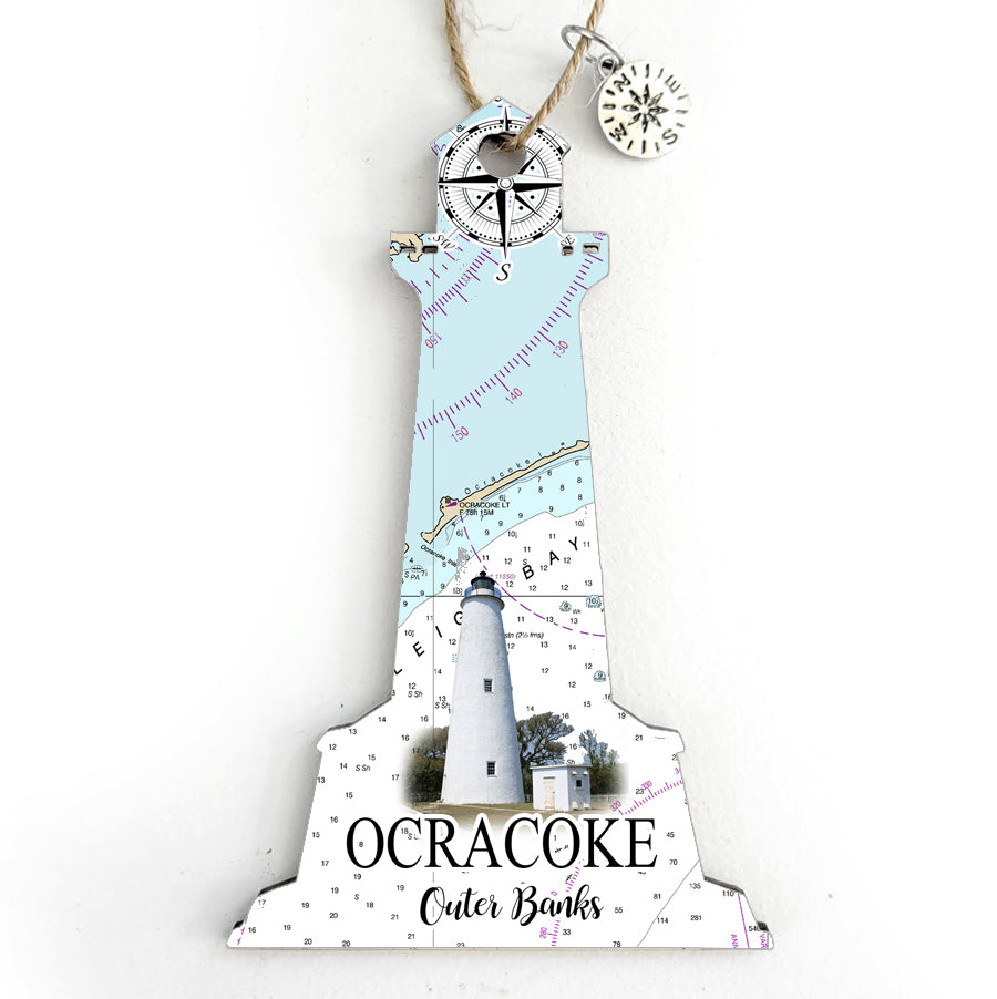 Ocracoke, NC Lighthouse Shaped Wood Map Souvenir Ornament