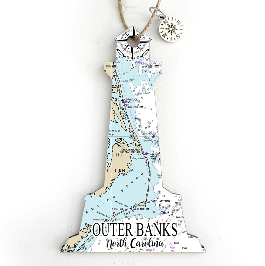 Outer Banks, NC Lighthouse Shaped Wood Map Souvenir Ornament