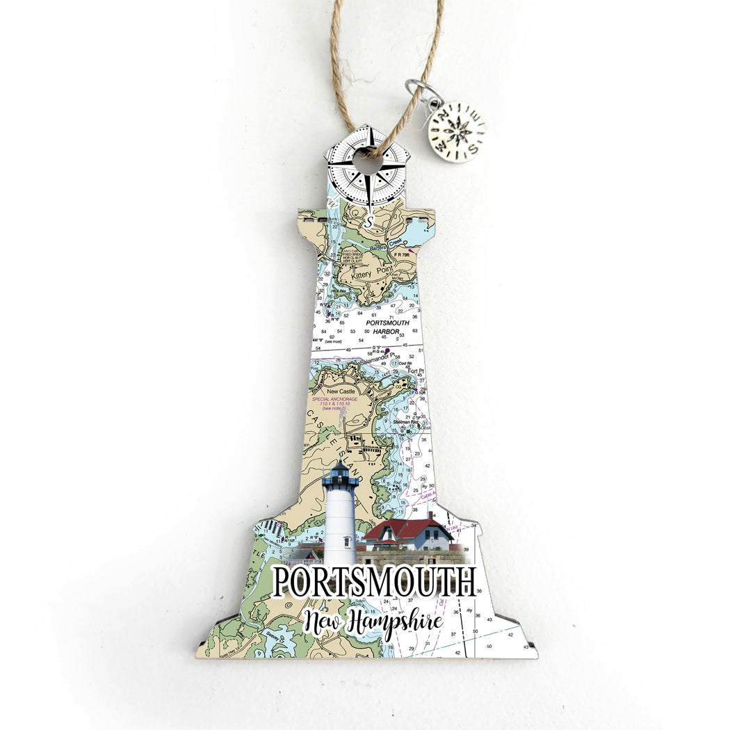 Portsmouth, NH Lighthouse Shaped Wood Map Souvenir Ornament