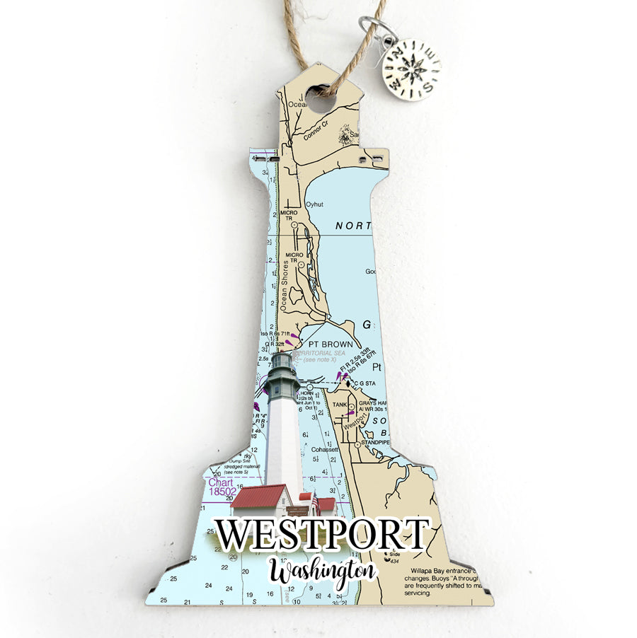 Westport, WA Lighthouse Shaped Wood Map Souvenir Ornament