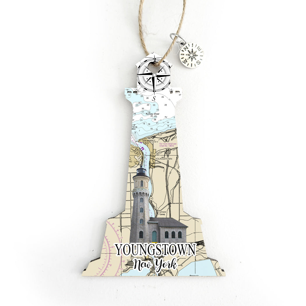 Youngstown, NY Lighthouse Shaped Wood Map Souvenir Ornament
