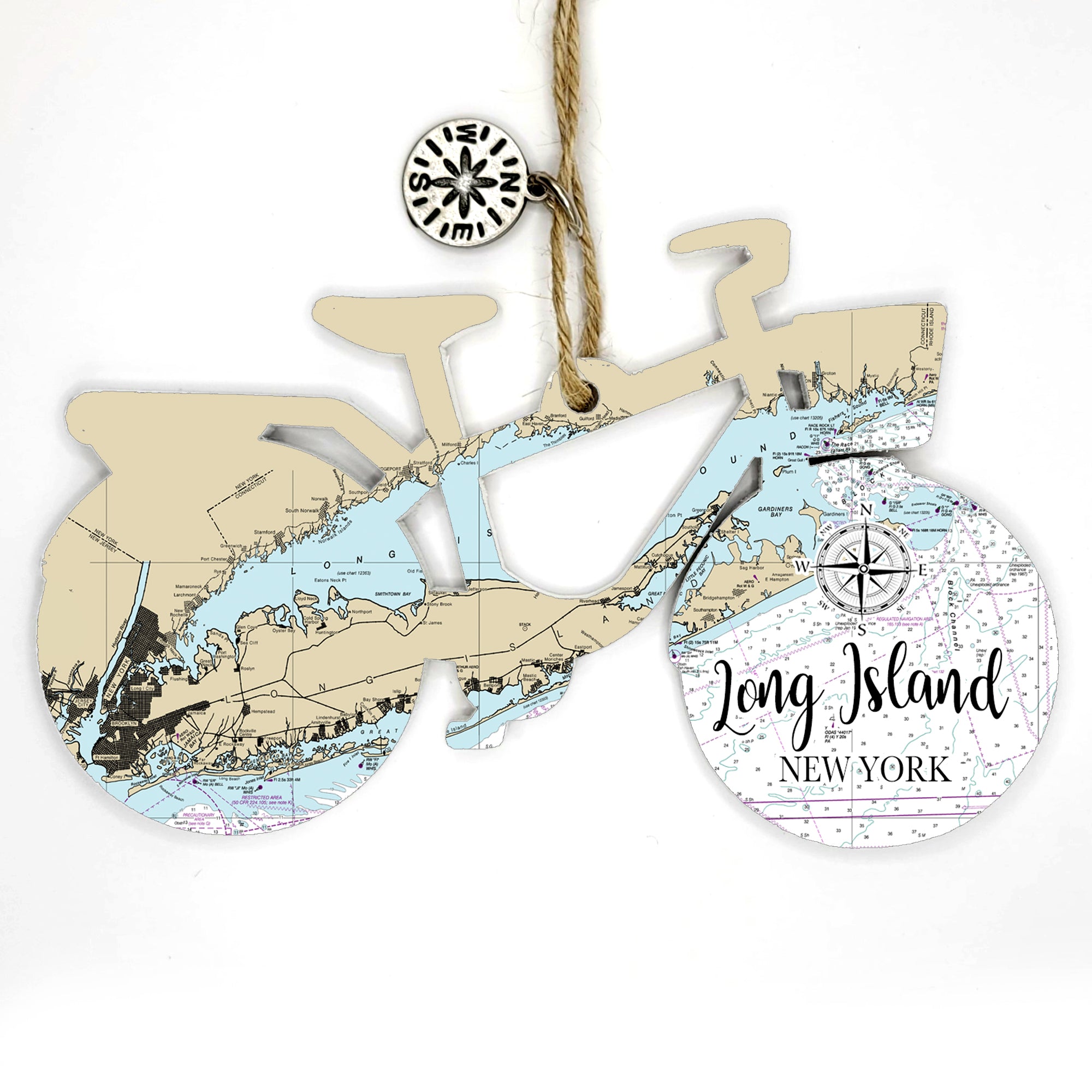 Long Island, NY Bicycle Bike Shaped Wood Map Souvenir Ornament