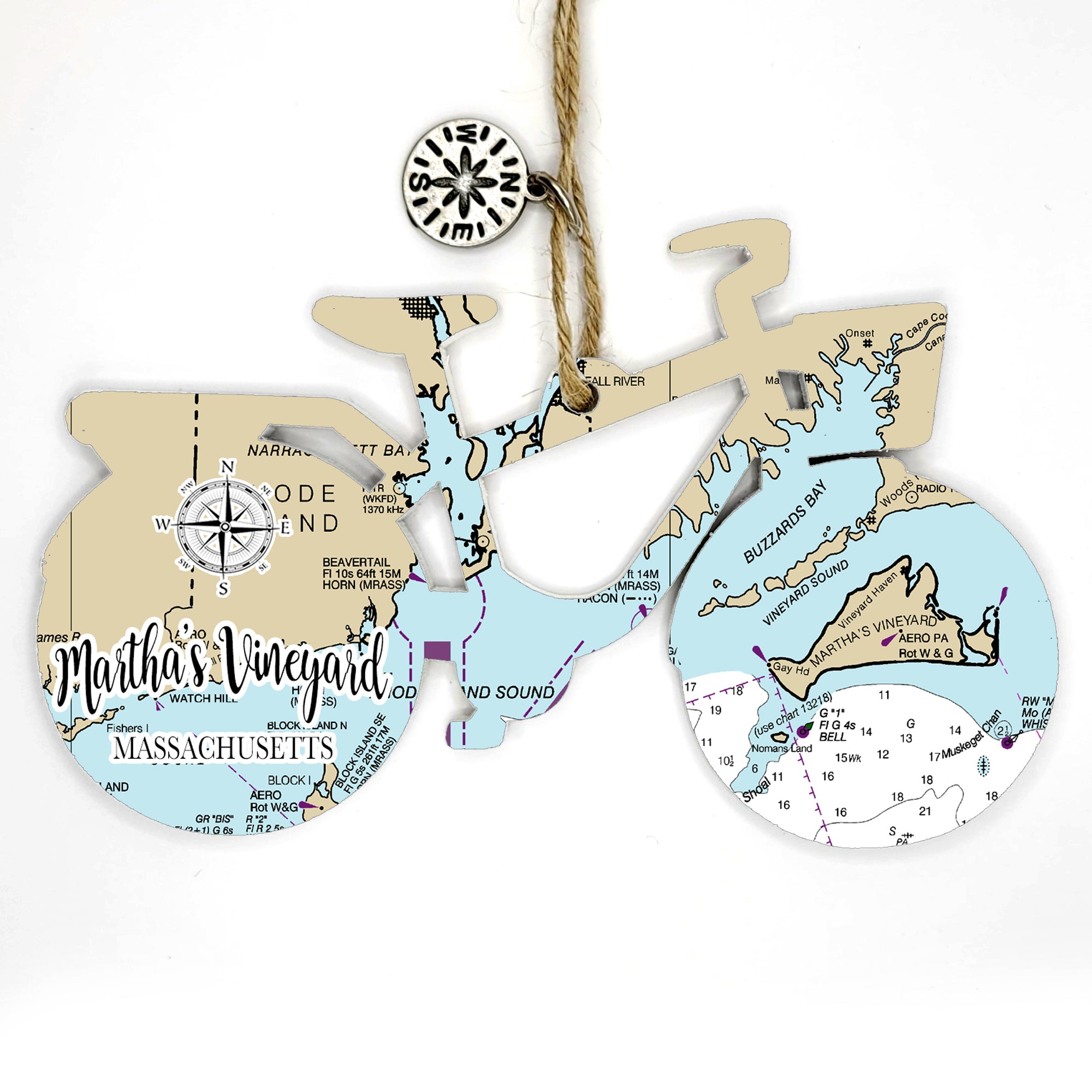 Martha's Vineyard, MA Bicycle Bike Shaped Wood Map Souvenir Ornament