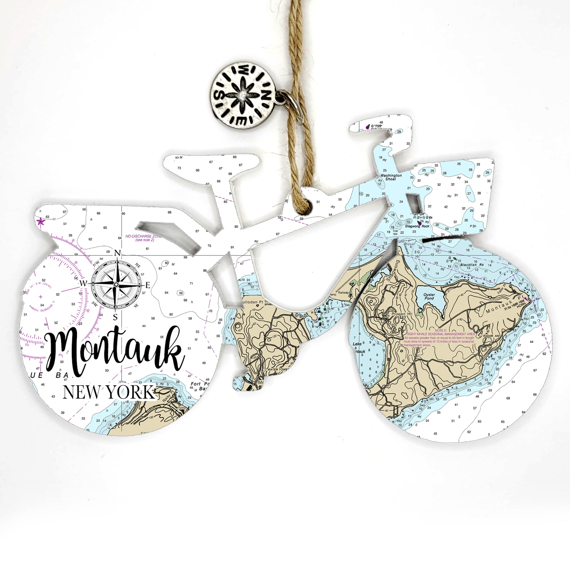 Montauk, NY Bicycle Bike Shaped Wood Map Souvenir Ornament
