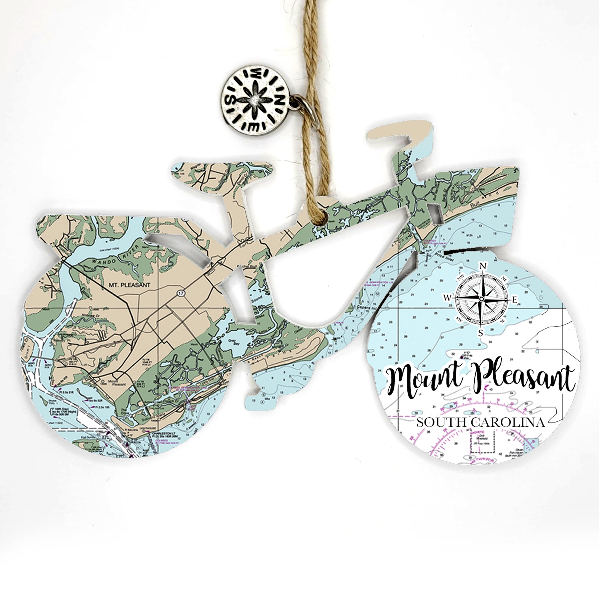Mount Pleasant, SC Bicycle Bike Shaped Wood Map Souvenir Ornament