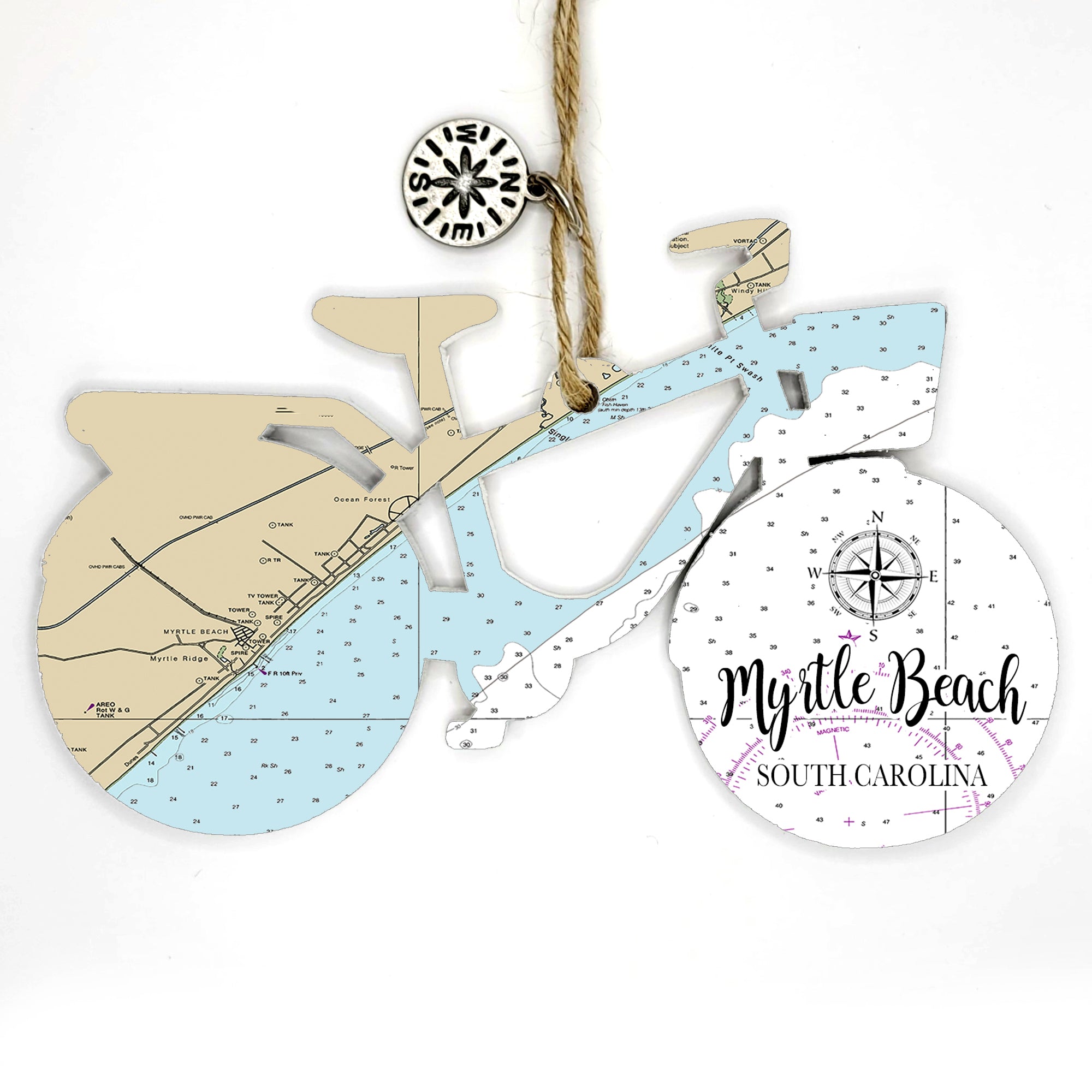 Myrtle Beach, SC Bicycle Bike Shaped Wood Map Souvenir Ornament