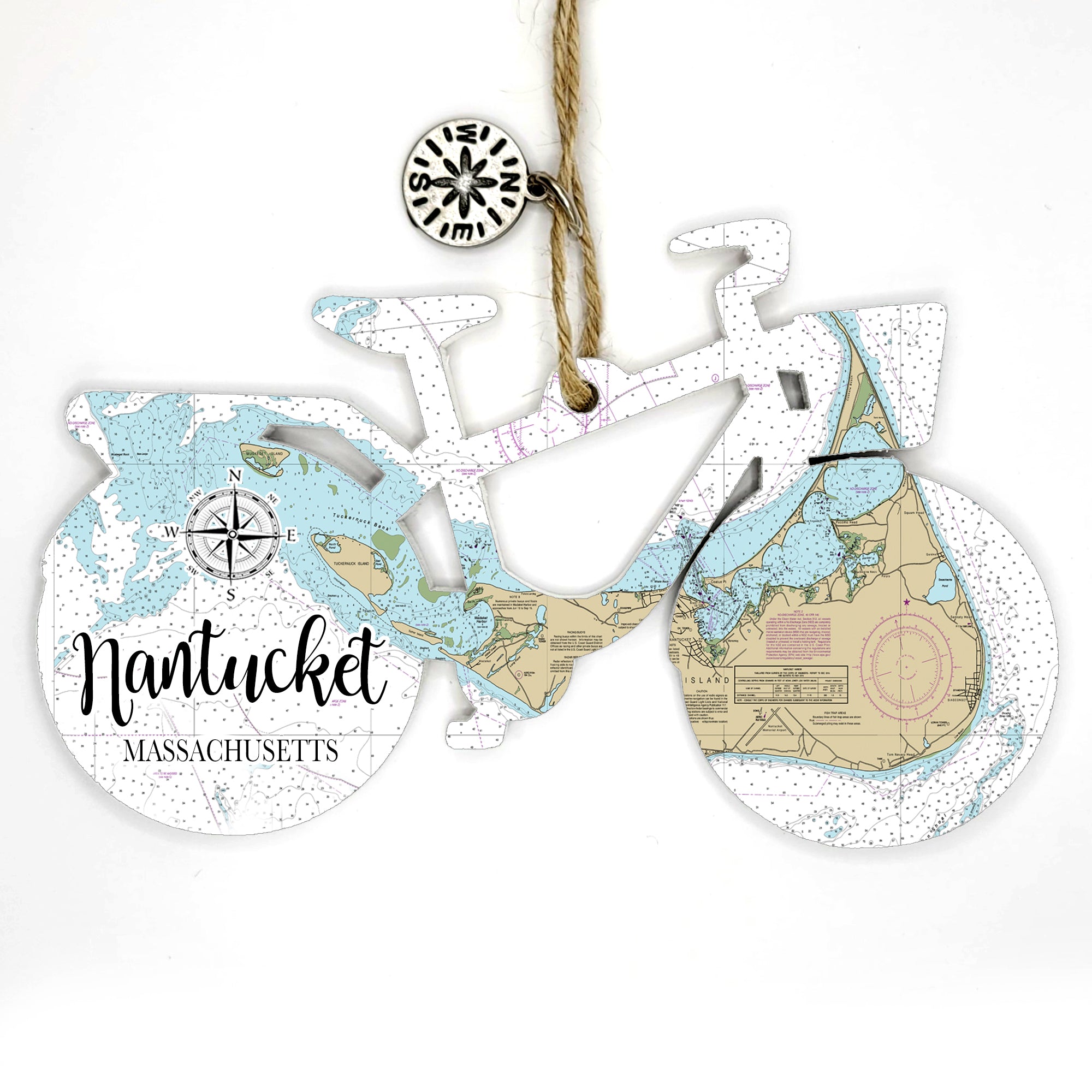 Nantucket, MA Bicycle Bike Shaped Wood Map Souvenir Ornament