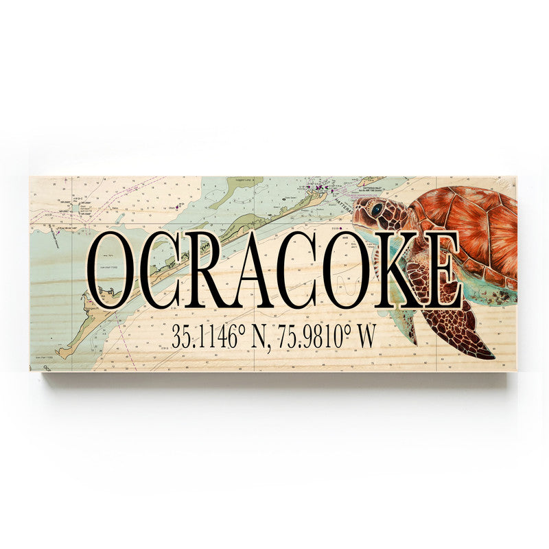 Ocracoke North Carolina with Sea Turtle 3x9 Wood Coordinate Wall Hanging Map Sign