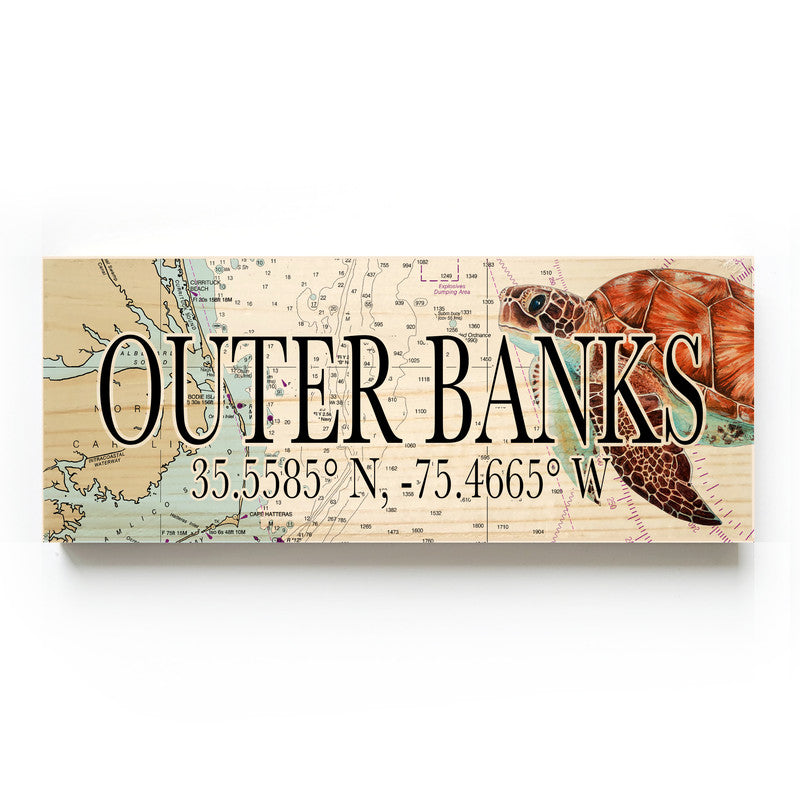 Outer Banks North Carolina with Sea Turtle 3x9 Wood Coordinate Wall Hanging Map Sign