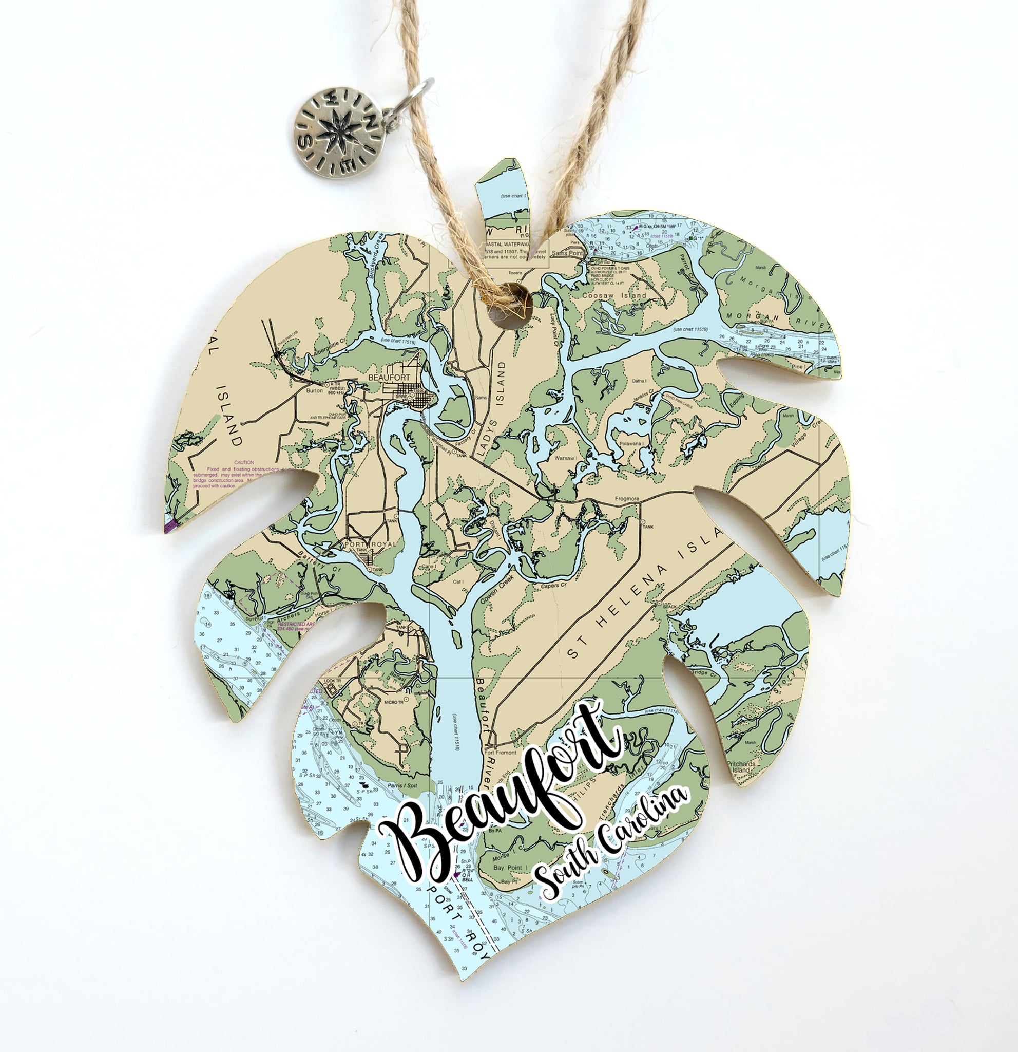 Beaufort, SC Palm Leaf Shaped Wood Map Souvenir Ornament