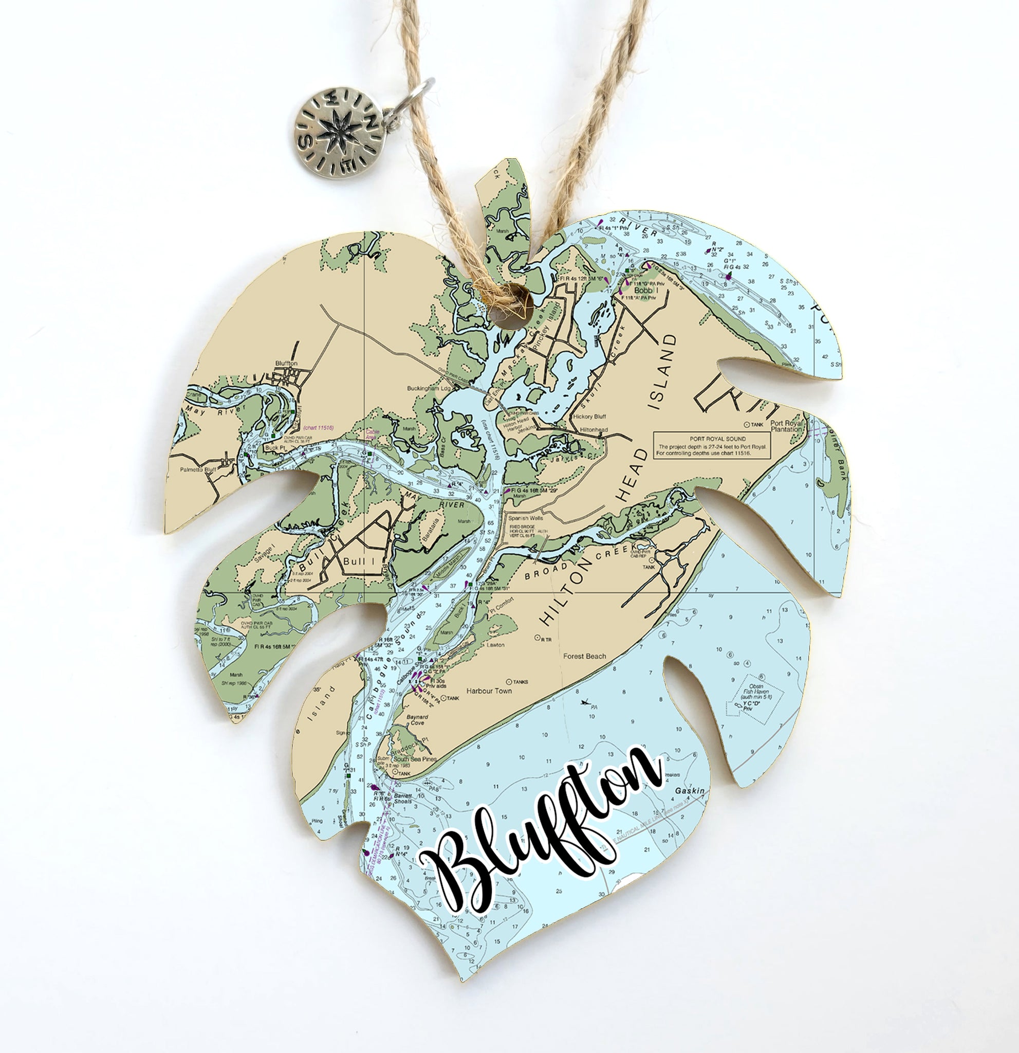 Bluffton, SC Palm Leaf Shaped Wood Map Souvenir Ornament