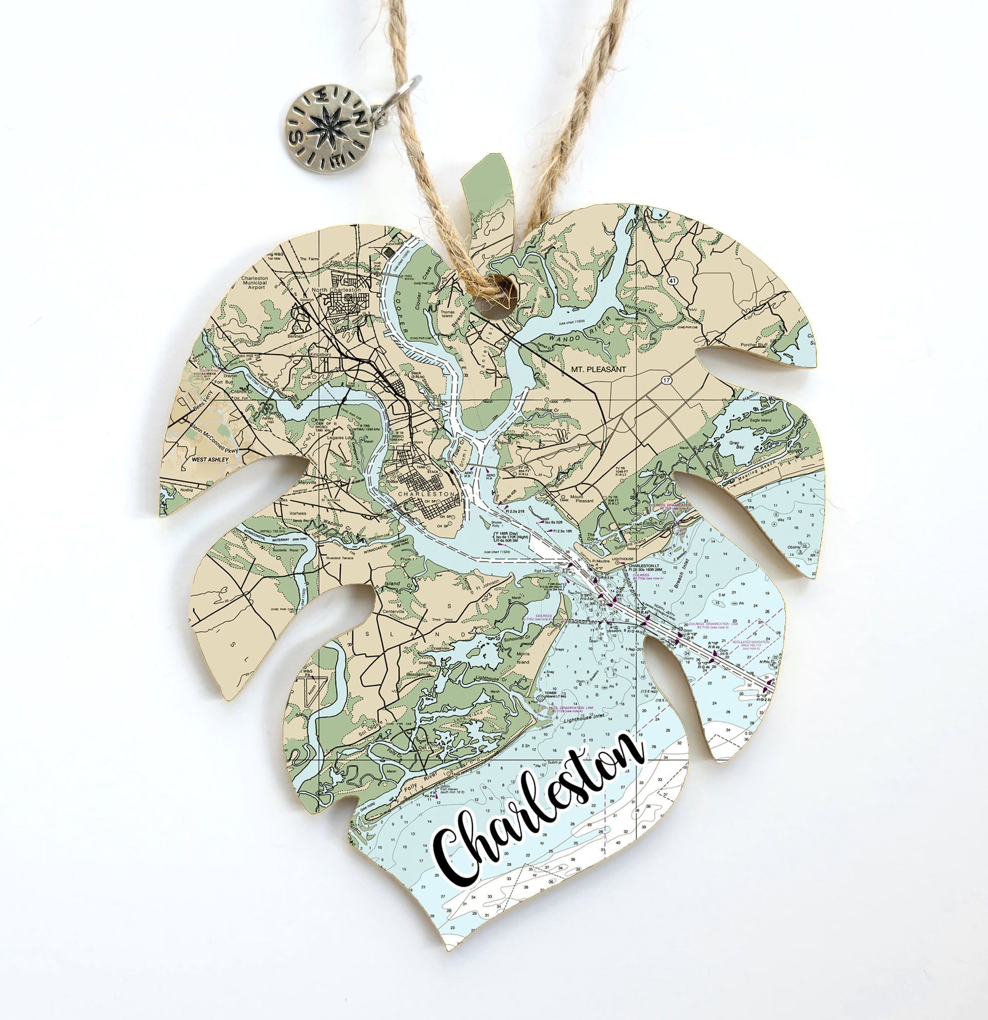 Charleston, SC Palm Leaf Shaped Wood Map Souvenir Ornament