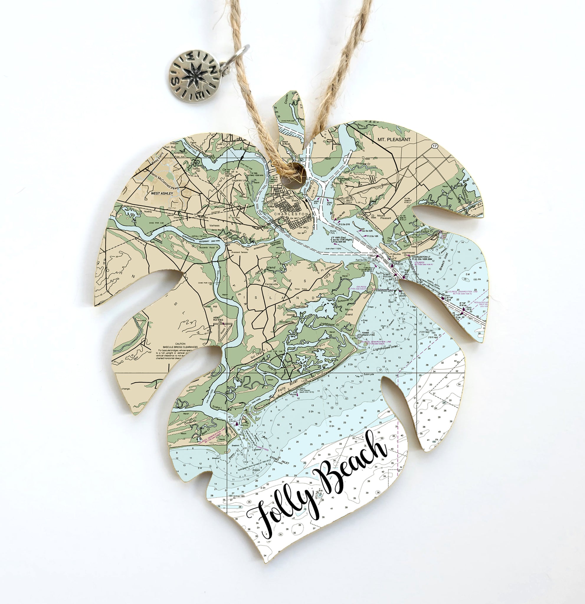 Folly Beach, SC Palm Leaf Shaped Wood Map Souvenir Ornament
