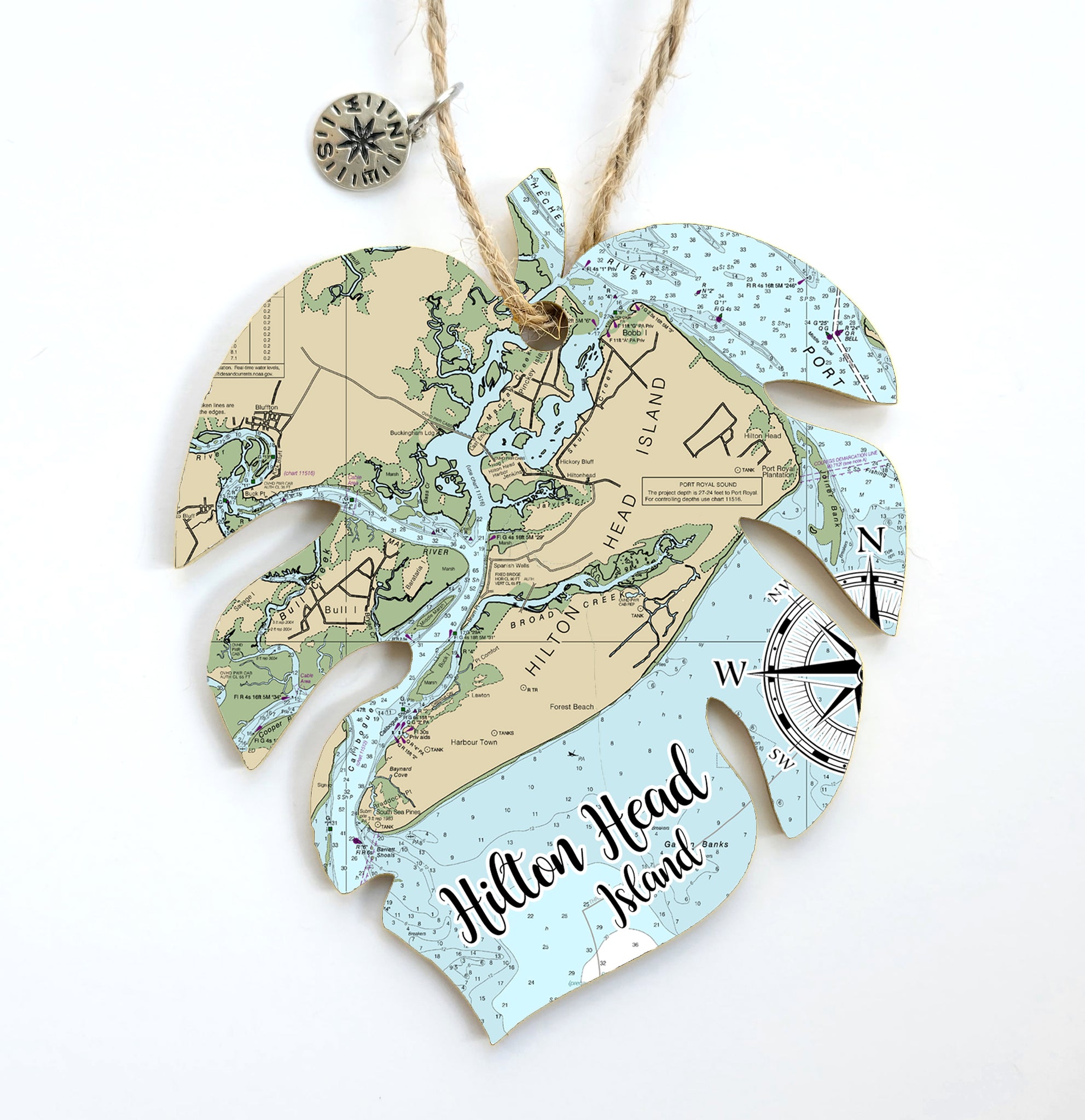 Hilton Head Island, SC Palm Leaf Shaped Wood Map Souvenir Ornament