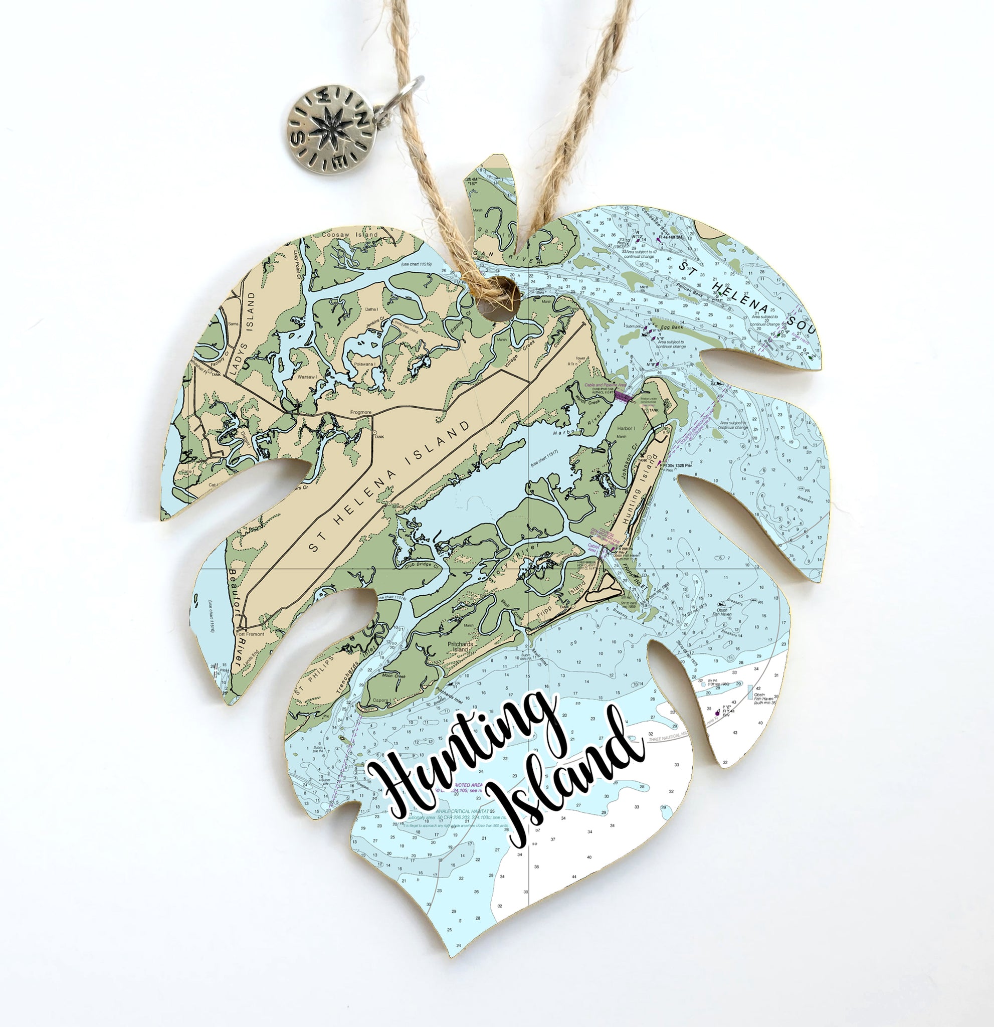 Hunting Island, SC Palm Leaf Shaped Wood Map Souvenir Ornament