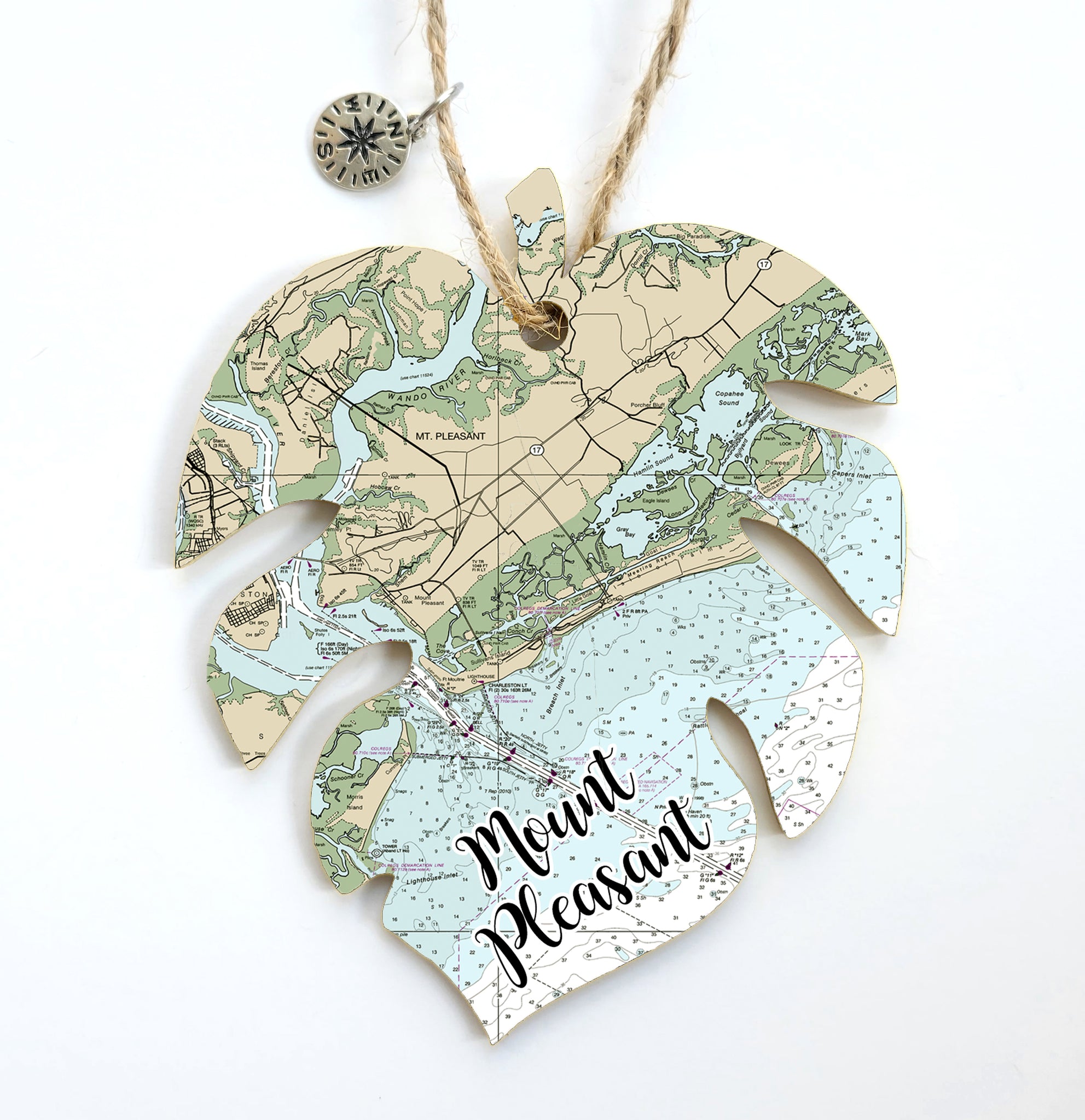 Mount Pleasant, SC Palm Leaf Shaped Wood Map Souvenir Ornament
