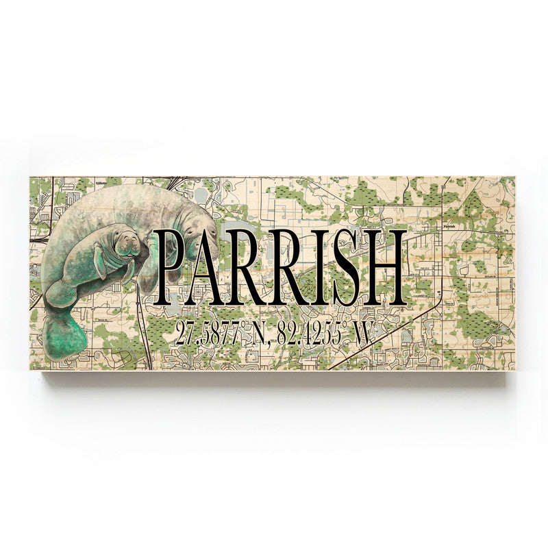 Parrish Florida with Manatee 3x9 Wood Coordinate Wall Hanging Map Sign