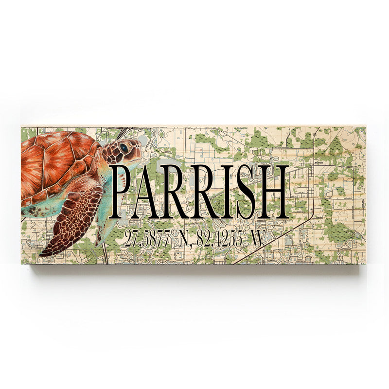 Parrish Florida with Sea Turtle 3x9 Wood Coordinate Wall Hanging Map Sign