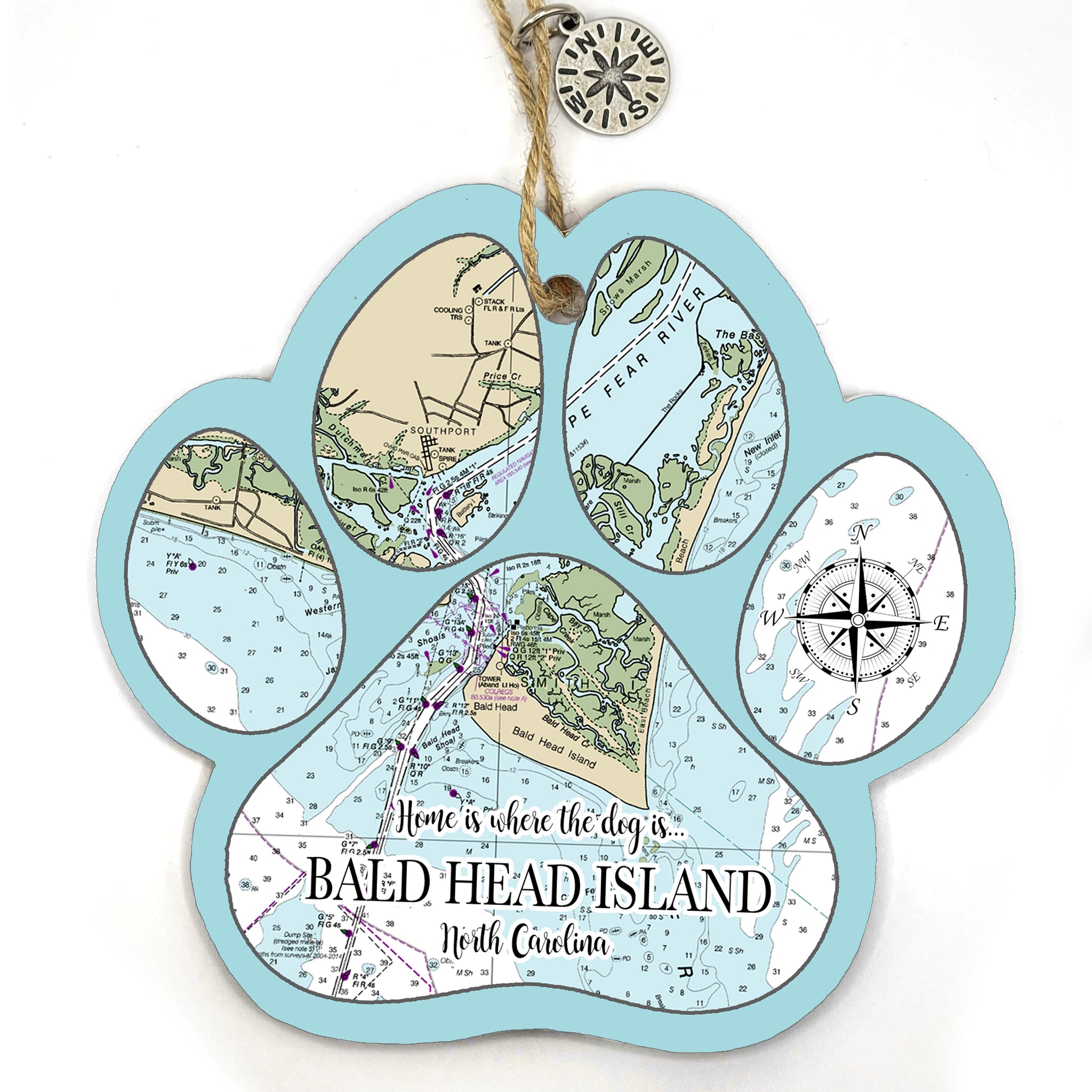 Bald Head Island, NC Paw Shaped Wood Map Souvenir Ornament