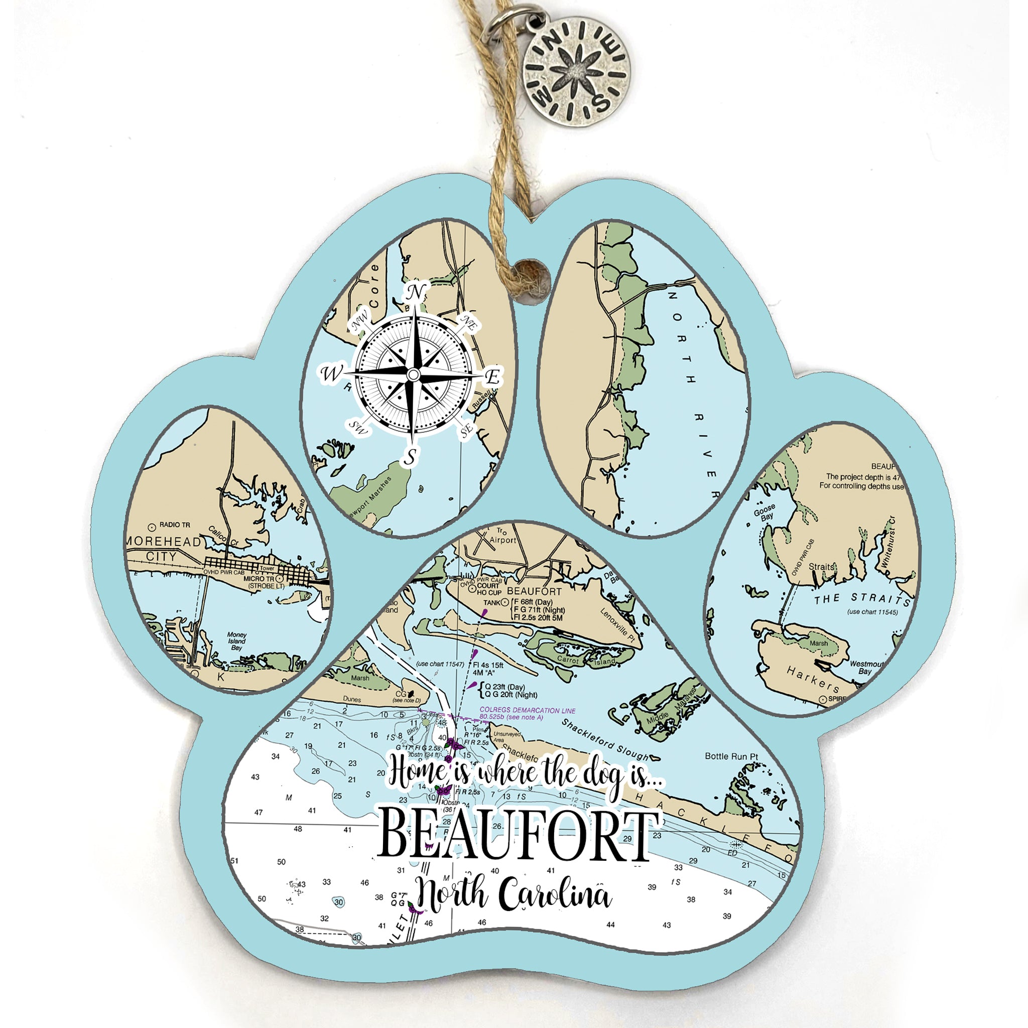 Beaufort, NC Paw Shaped Wood Map Souvenir Ornament