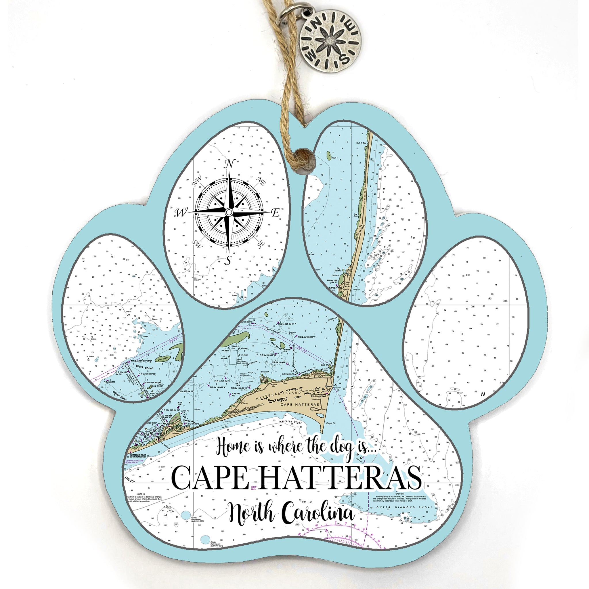 Cape Hatteras, NC Paw Shaped Wood Map Souvenir Ornament