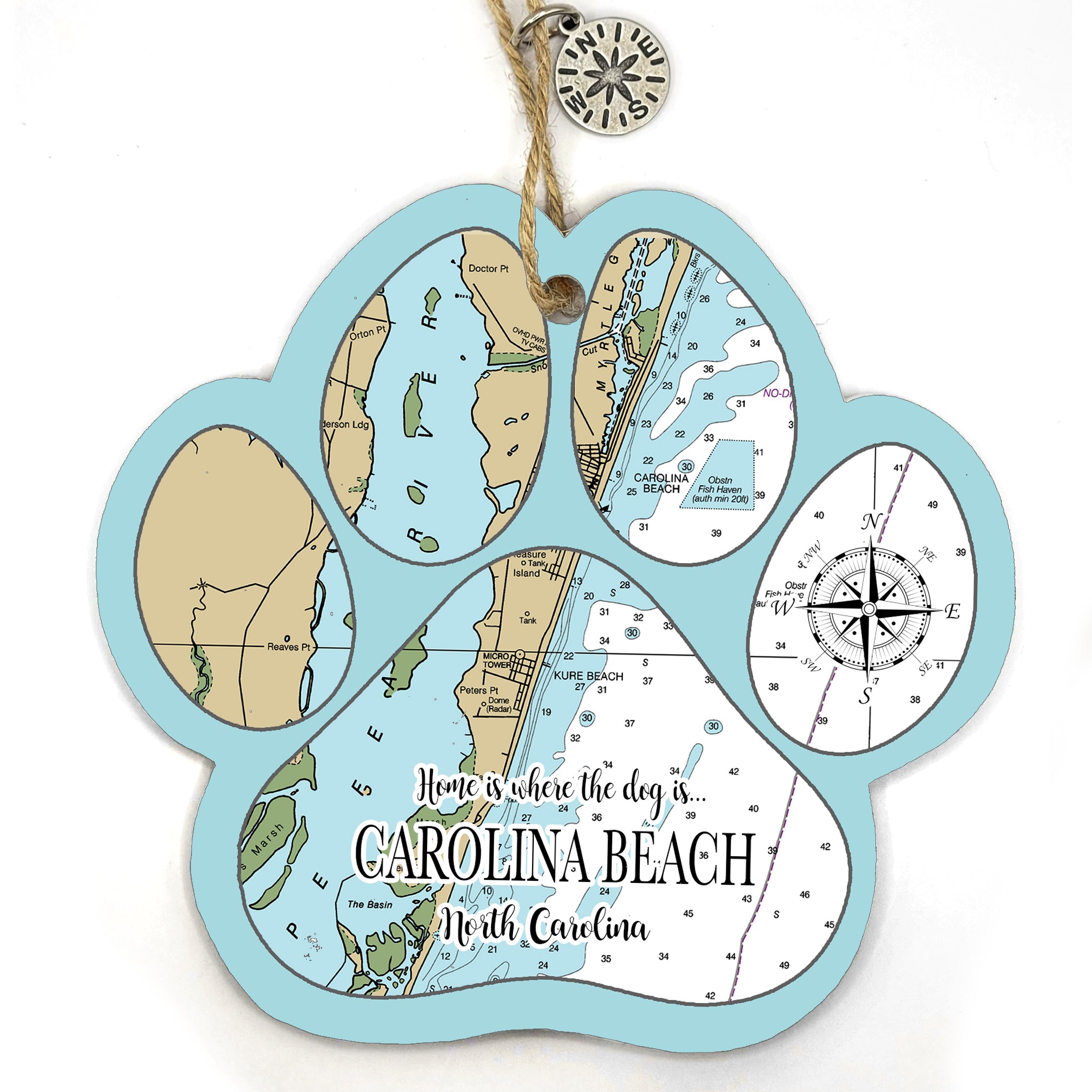 Carolina Beach, NC Paw Shaped Wood Map Souvenir Ornament