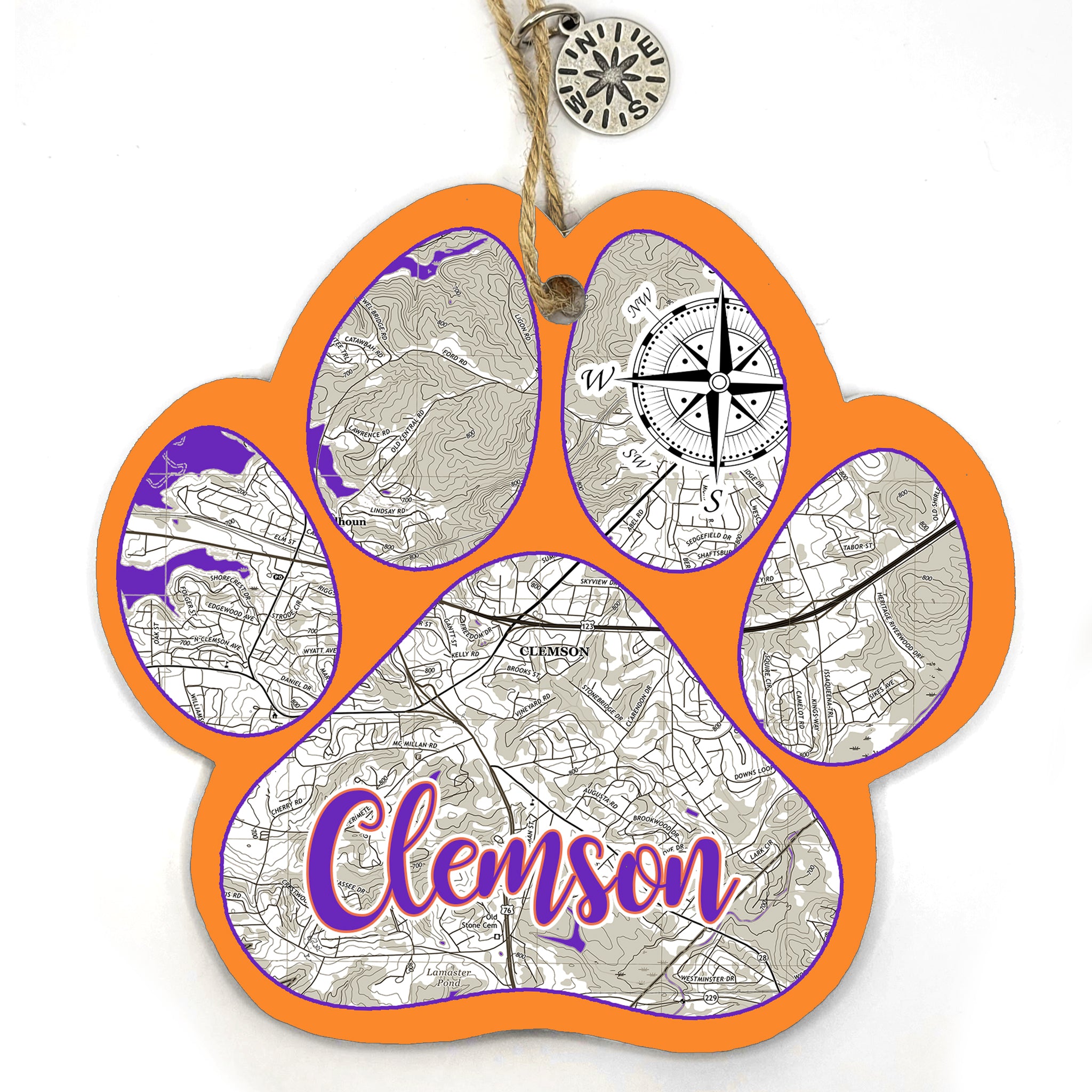 Clemson, SC Paw Shaped Wood Map Souvenir Ornament