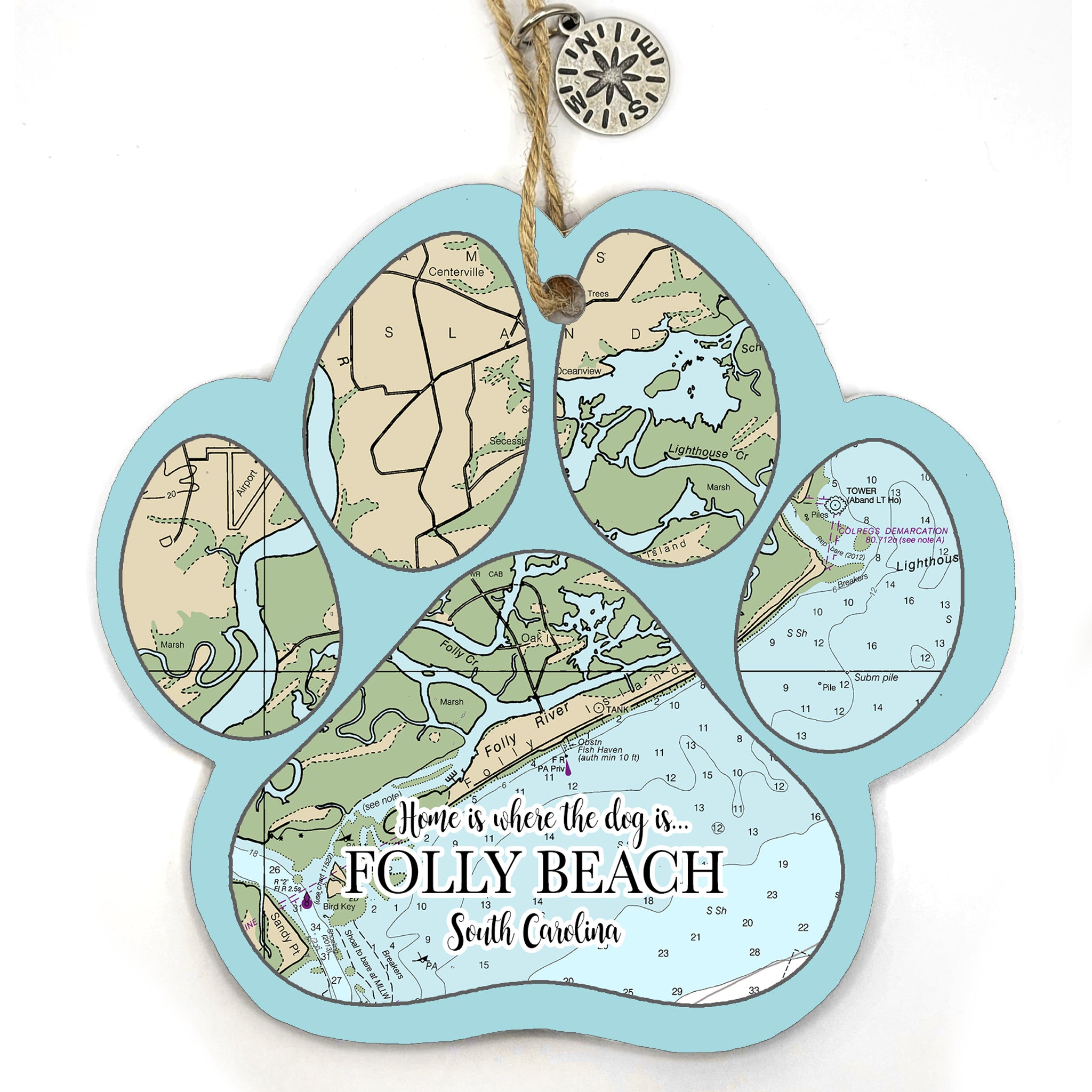 Folly Beach, SC Paw Shaped Wood Map Souvenir Ornament