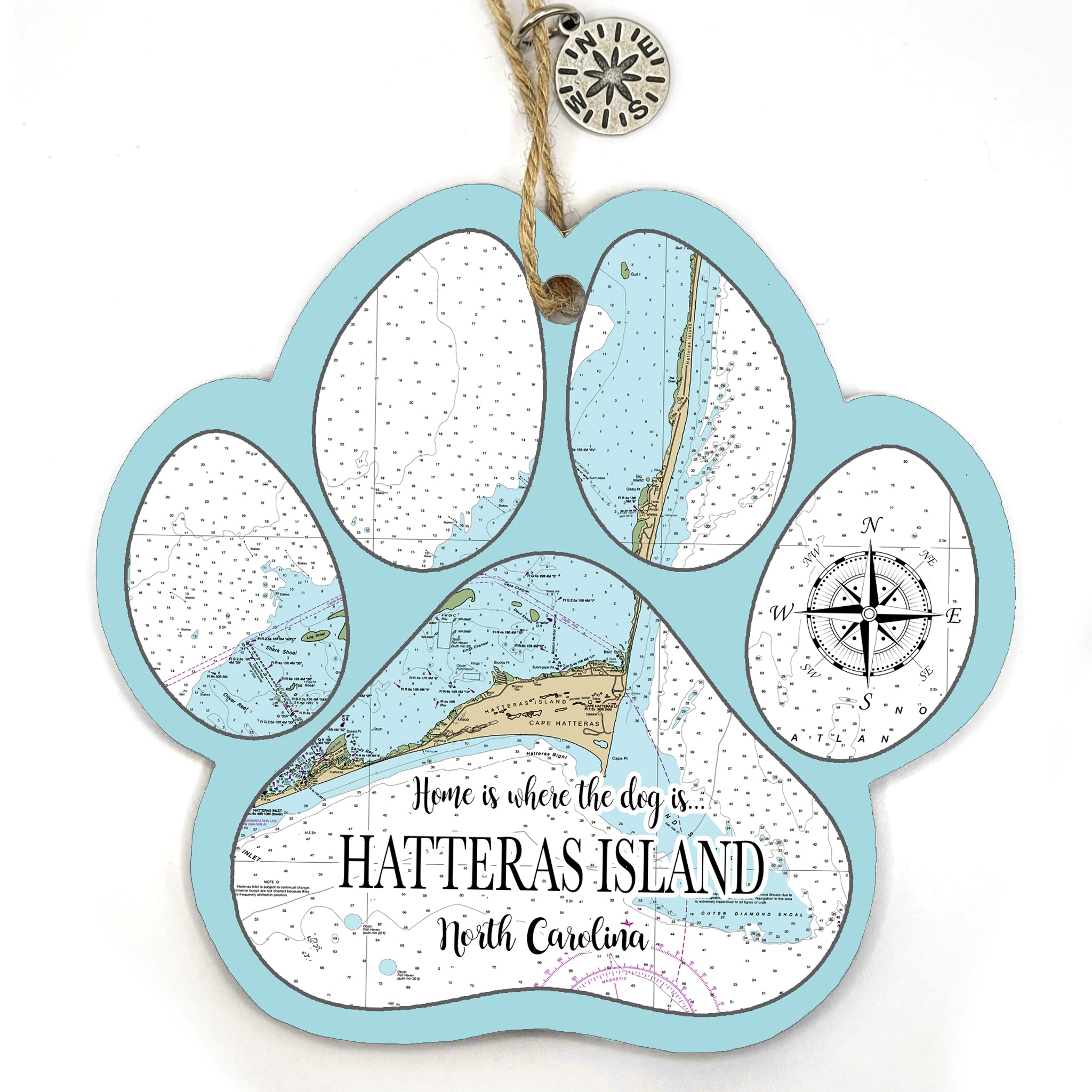 Hatteras Island, NC Paw Shaped Wood Map Souvenir Ornament