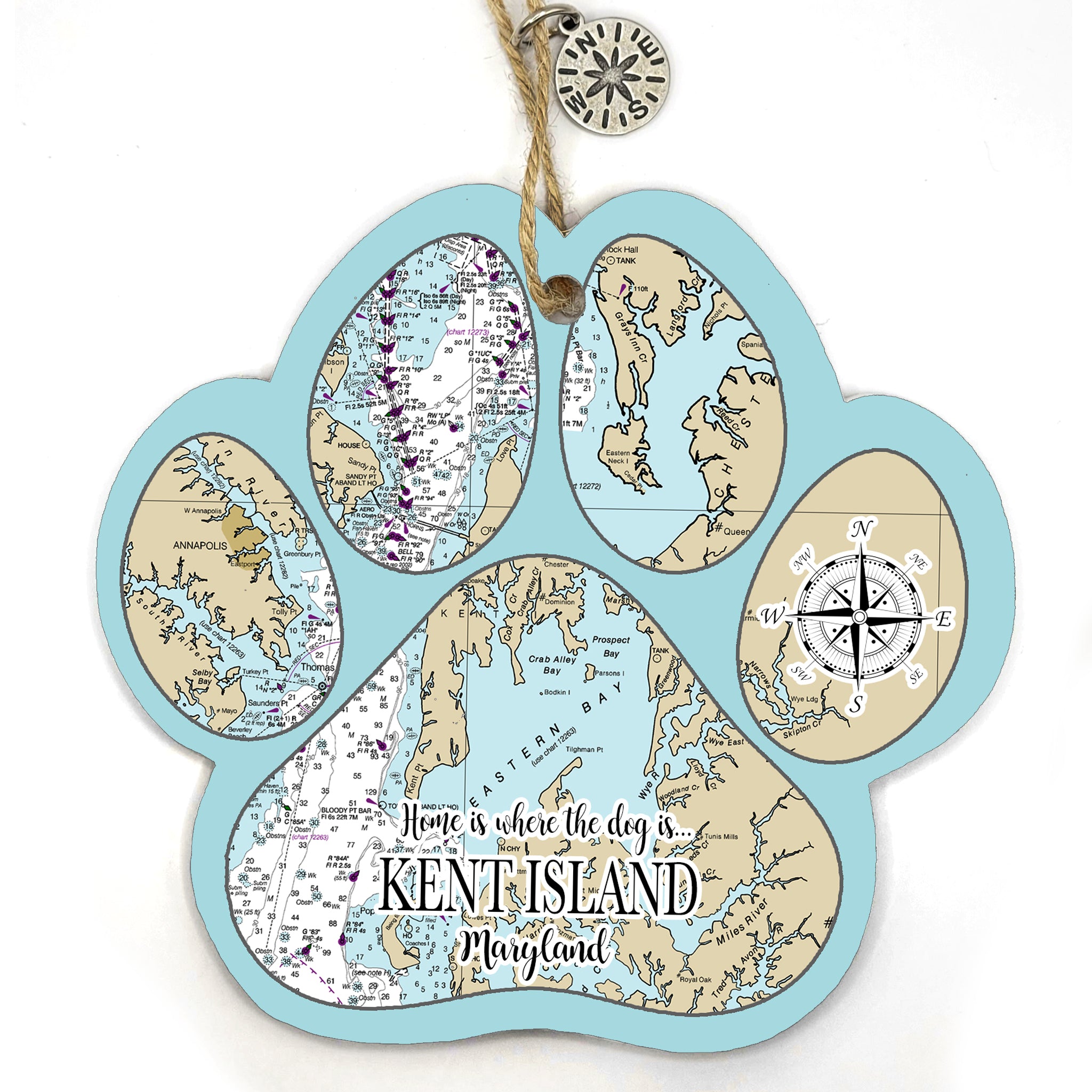 Kent Island, MD Paw Shaped Wood Map Souvenir Ornament