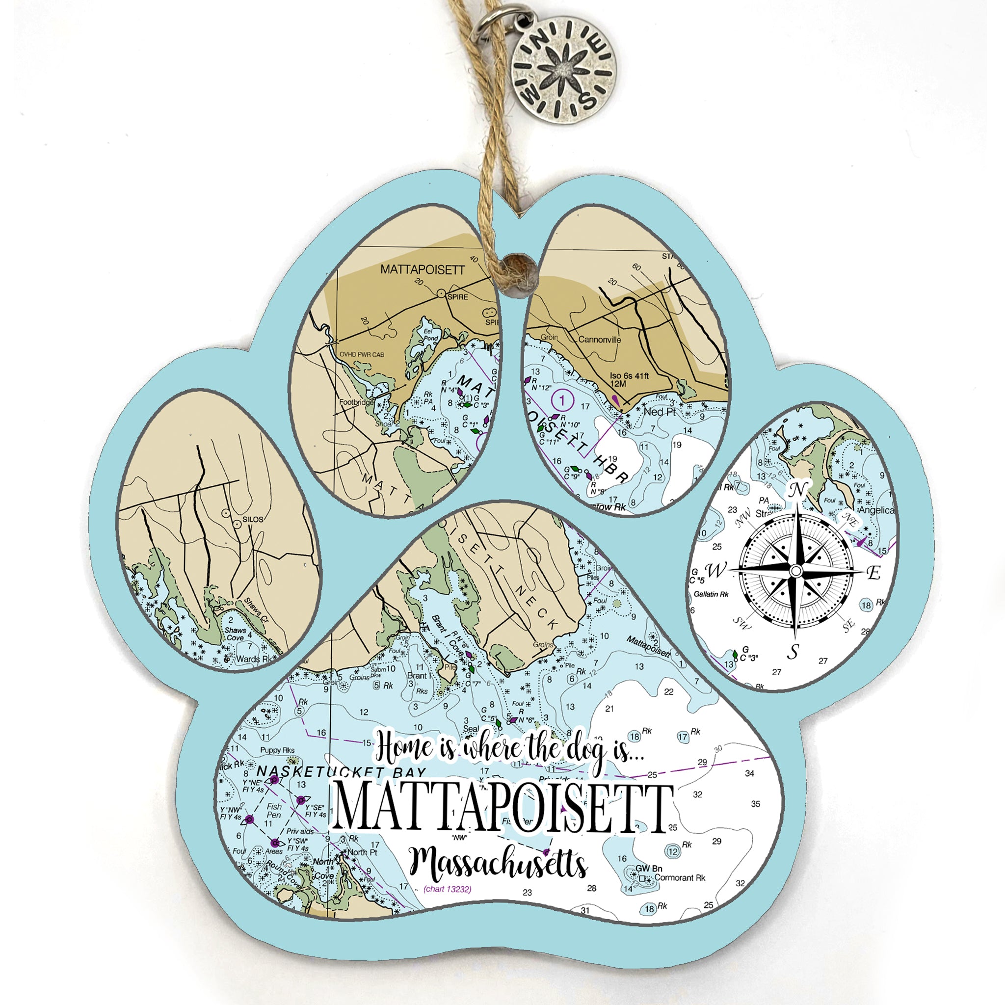 Mattapoisett, MA Paw Shaped Wood Map Souvenir Ornament