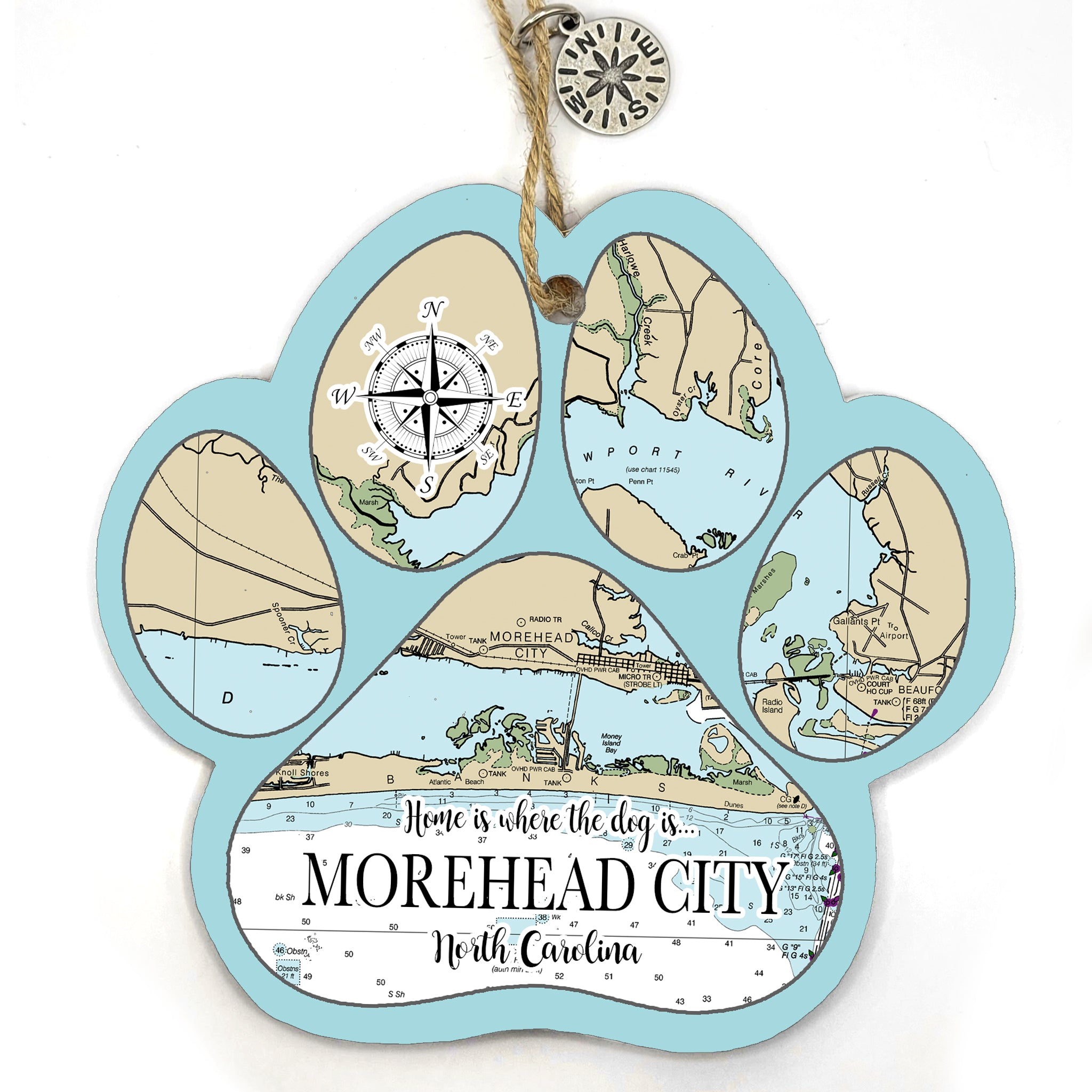 Morehead City, NC Paw Shaped Wood Map Souvenir Ornament