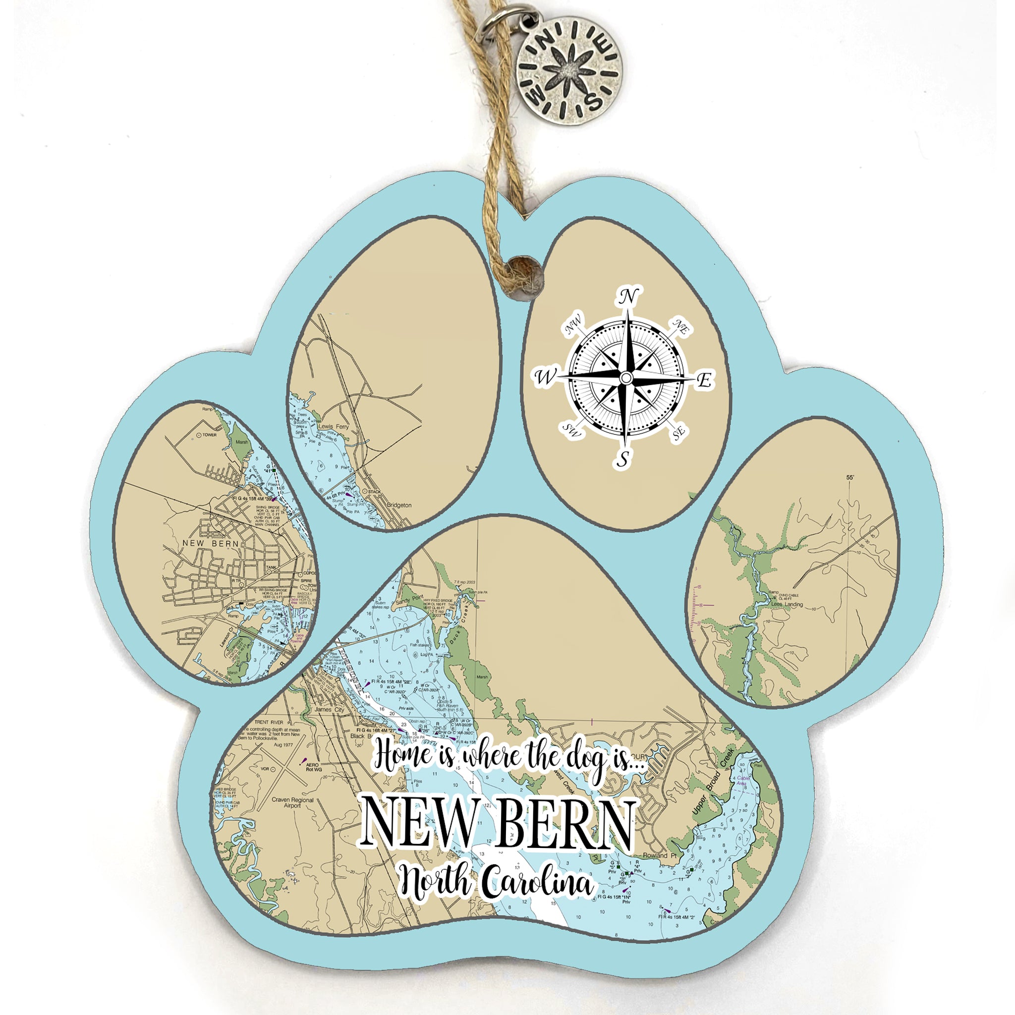 New Bern, NC Paw Shaped Wood Map Souvenir Ornament