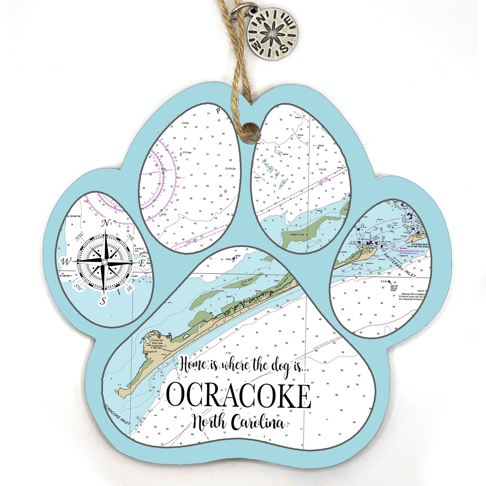 Ocracoke, NC Paw Shaped Wood Map Souvenir Ornament