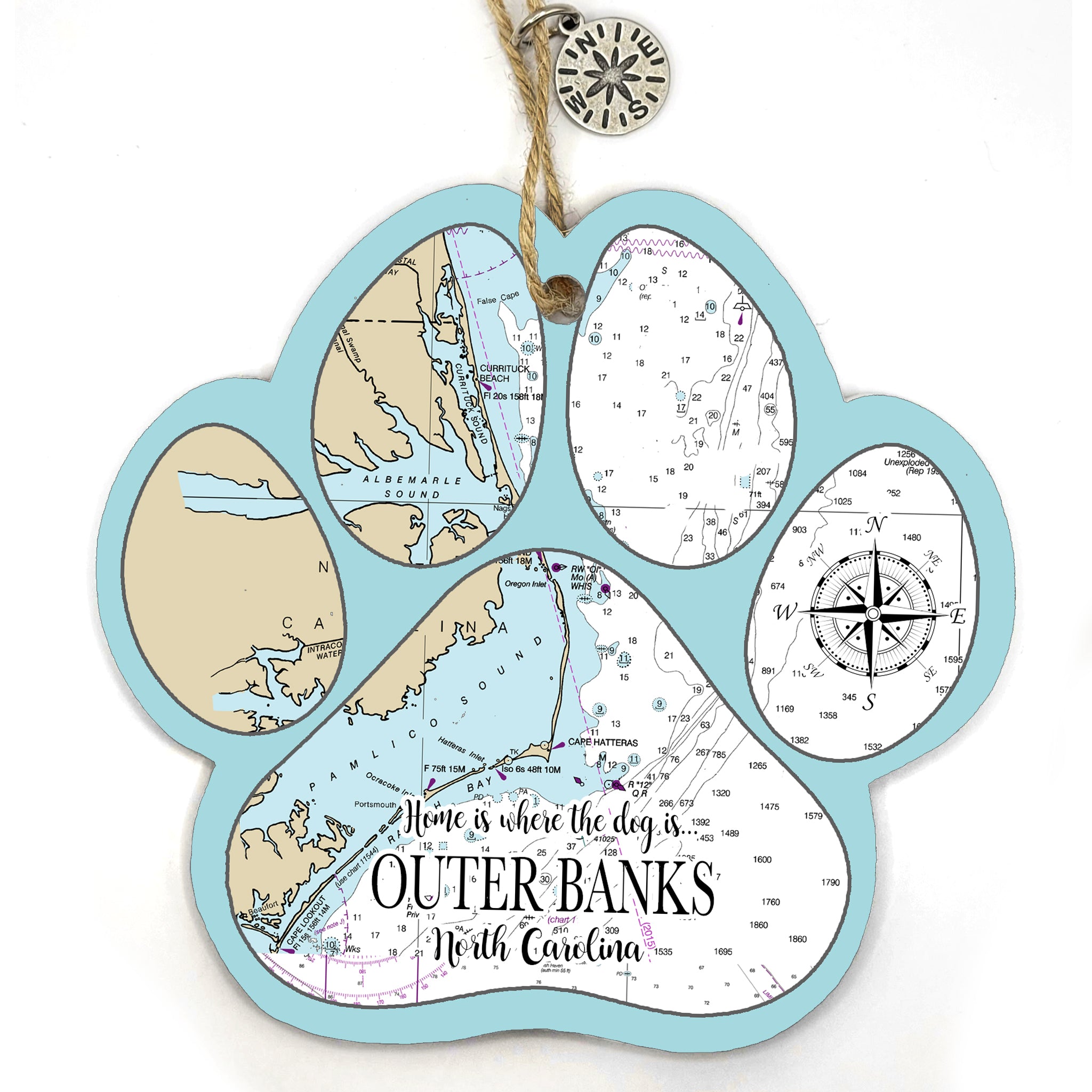 Outer Banks, NC Paw Shaped Wood Map Souvenir Ornament